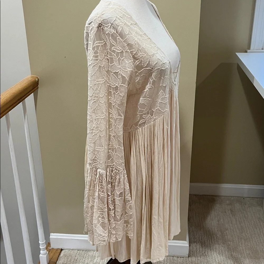 Free People Cream Lace & Pleated Long Sleeve Tunic Dress Size L